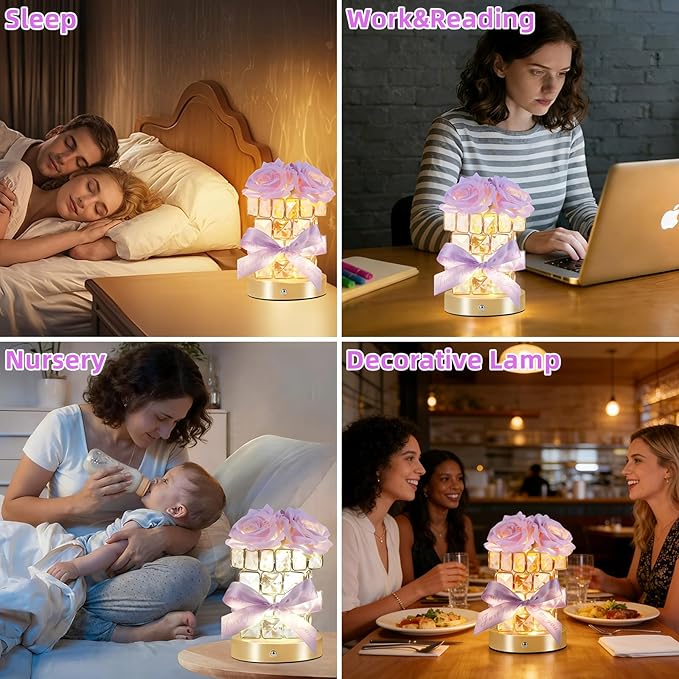 Rose Flower Lamp,Rechargeable Cordless Touch Table Lamp for Bedroom,3-Colour Dimming Flowers Night Light,Crystal Bedside Lamps with USB Charge,Birthday Valentine's Day Gifts for Women,Mom,Wife,Her