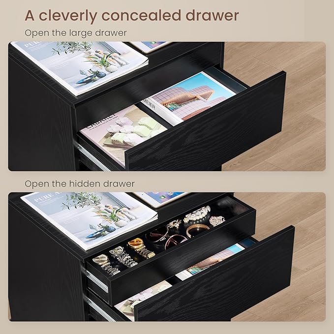 Nightstand, 4 Drawers, 26" H with Hidden Drawer, Bedside Table with Charging Station, Modern Night Stand for Bedroom, Black