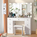 SMOOL Vanity with Lighted Mirror, Makeup Vanity Desk with Power Outlet and LED Bulbs, 3 Color Lighting Modes Adjustable Brightness, 7 Drawers Vanity Table with Cushioned Stool for Bedroom, Marble