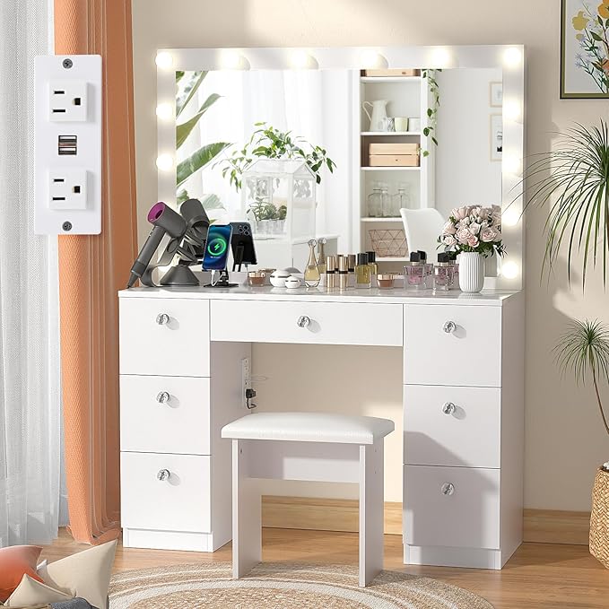 SMOOL Vanity with Lighted Mirror, Makeup Vanity Desk with Power Outlet and LED Bulbs, 3 Color Lighting Modes Adjustable Brightness, 7 Drawers Vanity Table with Cushioned Stool for Bedroom, Marble