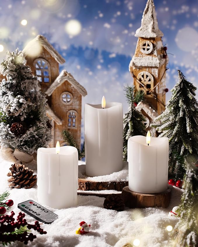 White Flameless Candles with Remote and Timer, Real Wax Made Wax Drip LED Pillar Candles Battery Operated with 3D Flickering Flame Melted Top - 3" x 4",5",6" - Set of 3