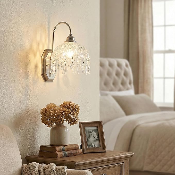 2-Pack Vintage Wall Sconce, Glass Crystal, Matte Brushed Antique Black Finish, for Bedroom Bathroom Hallway Living Room