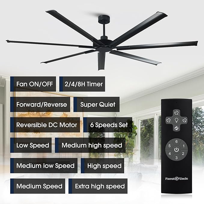100 Inch Industrial Ceiling Fans, Black DC Motor Ceiling Fan No Light with Remote Control, High CFM Quiet Large Ceiling Fan for Shop Garage Warehouse, 7 Aluminum Blades, Indoor Outdoor Commercial Fan