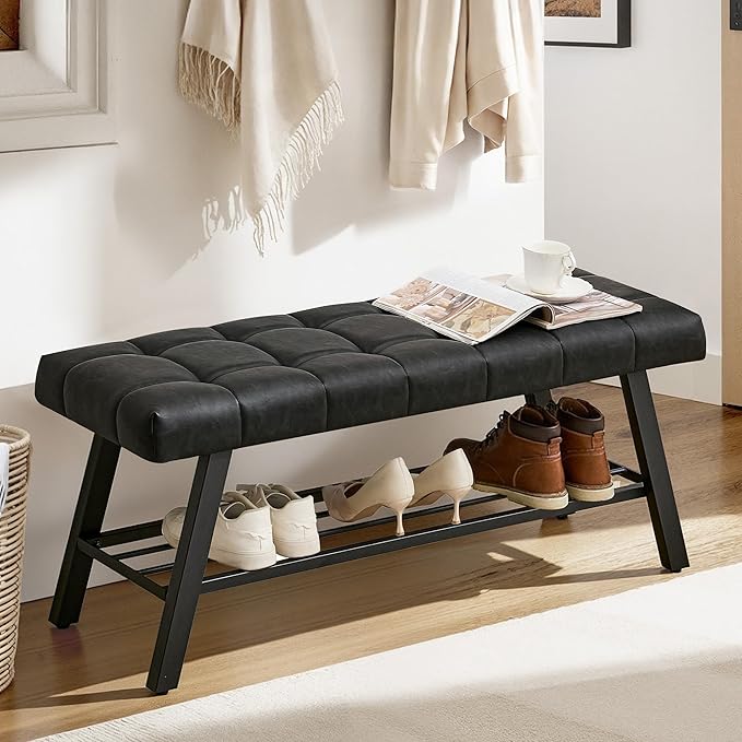 LUE BONA 45" Entryway Bench with Storage Shelf, End of Bed Bench with Tufted Faux Leather Seat, Bedroom Bench with Metal Frame, 330 LBS Capacity for Entryway, Living Room, Hallway, Black