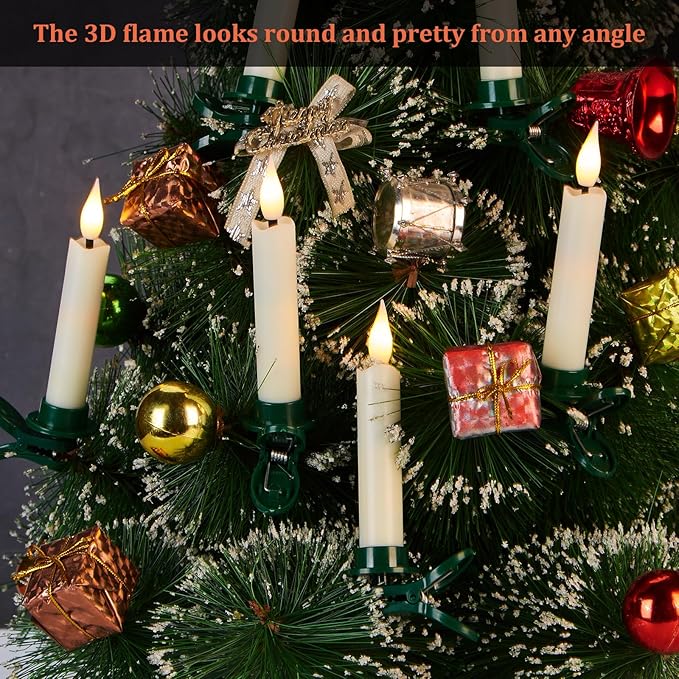 IMAGE 12Pcs LED Taper Candles Light Set Flameless 3D Wick Ivory Candles with Clip-on Christmas Tree Design, 10-Key Remote with Timer, Warm White Light, Battery Operated for Versatile Decoration