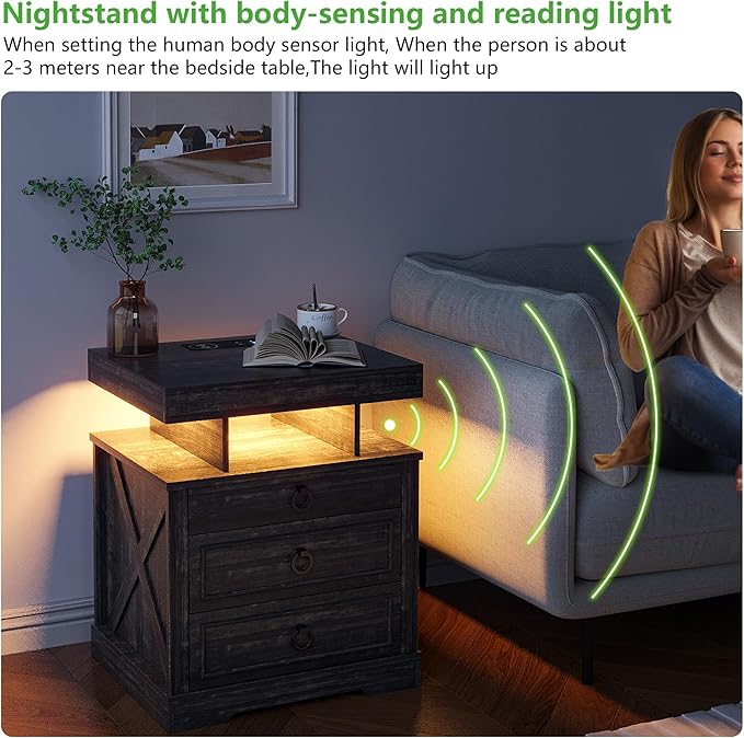 HNEBC Set of 2 Smart Farmhouse Nightstands with Gun Safe Drawers, 3-Color Auto LED Lights, Built-in Charging Station & Hidden Compartment, Bedroom Bedside Tables Rustic Brown