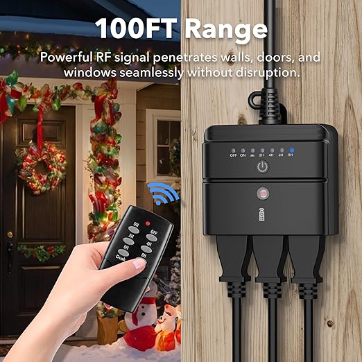 BN-LINK Outdoor Timer Outlet, Dusk-to-Dawn & Remote Control (100ft) - Waterproof 3-Grounded Outlets, 15A ETL Listed for Outdoor String Lights & Appliances