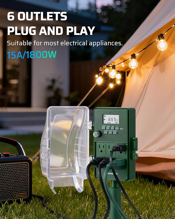 DEWENWILS Outdoor Power Stake Timer, 1800W/15A Digital Timer with 6 Grounded Outlets, 6FT 14/3C Extension Cord, Waterproof Heavy Duty Outlet for Lights, Yard, Garden, ETL Listed