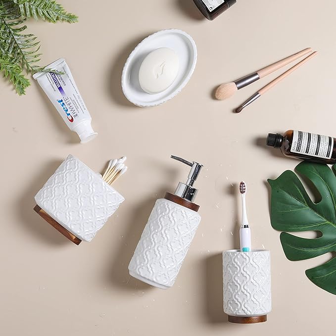 RQYIXI Elegant 4 PCS Ceramic&Wood Bathroom Accessories Set:Soap Dispenser,Toothbrush Holder,Tumbler,Soap Dish,Easy to Clean,Quatrefoil Pattern,White-Affordable Luxury for Home Decor Enthusiasts