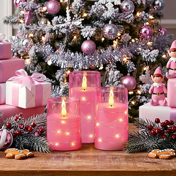 Homemory Flameless Candles with Embedded Star String Fairy Lights, Battery Operated Candles, LED Candle, Fake Candles with Remote Control and Timer, Pink, Set of 3(H 4" 5" 6”)