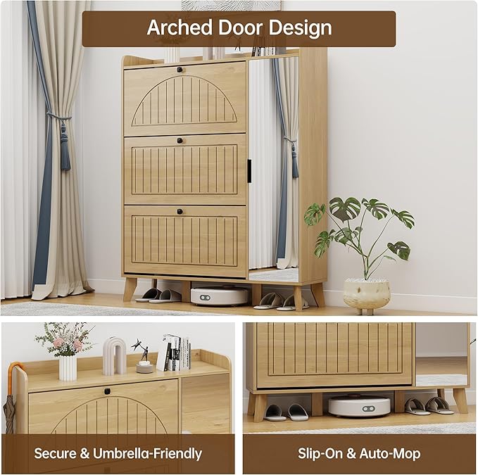 Hadulcet Entryway Shoe Storage Cabinet with 3 Flip Drawers & Mirror, Hidden Shoe Organizer Cabinet with Door & Adjustable Shelves, Freestanding Fluted Arched Panel Design, 9-Tier, Light Wood