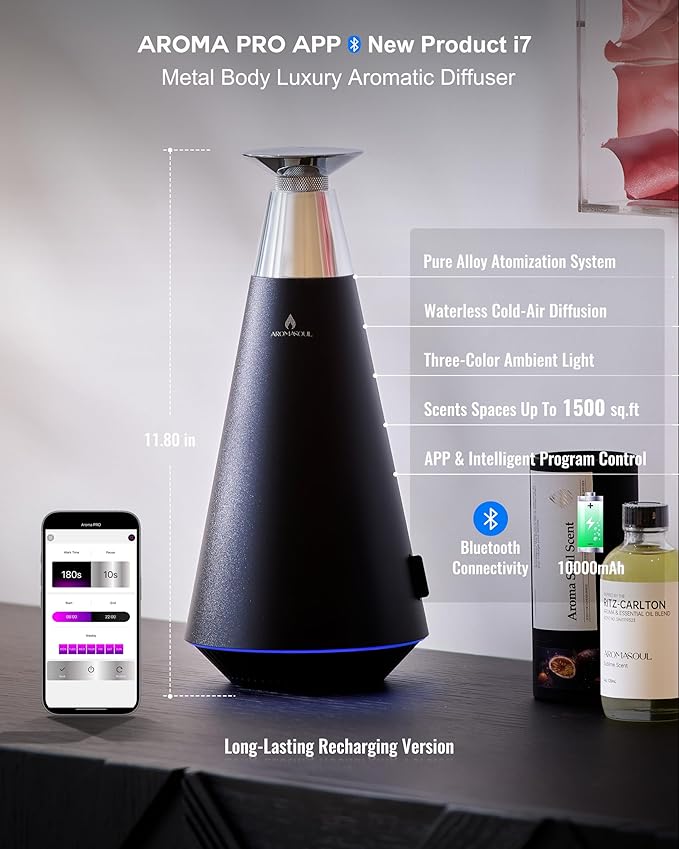 Wireless Rechargeable Waterless Scent Diffuser Starter Kit - 1500 Sq Ft Coverage,Alloy Atomization System,Mood Light, Hotel Scent Diffuser, Including 120ml Essential Oil, for Home,Large Room,Spa,Black