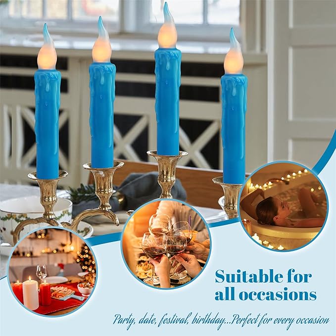 Magical Candlesticks Flameless Taper Candle, 4pcs Real Wax LED Tapered Candles Remote Dipped Candle 6inch Battery Chandelier for Enchanting Weddings and Harry Potter Inspired Vigils(Blue)