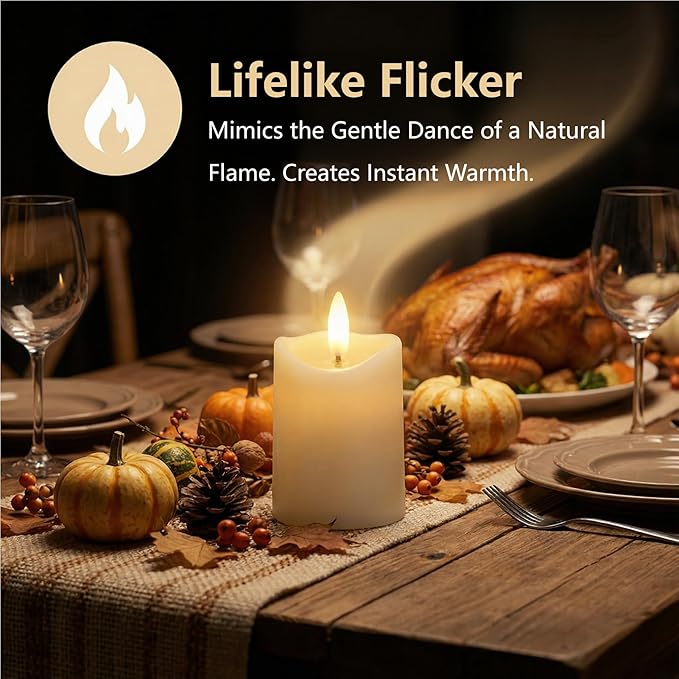 Simplelight Ivory Flameless Votive Candles with Timer, Realistic Black Wick Fall Candles Battery Operated, Battery Included, D 1.8” X H 3.1”, Set of 6 for Halloween, Holiday Decoration (Ivory)