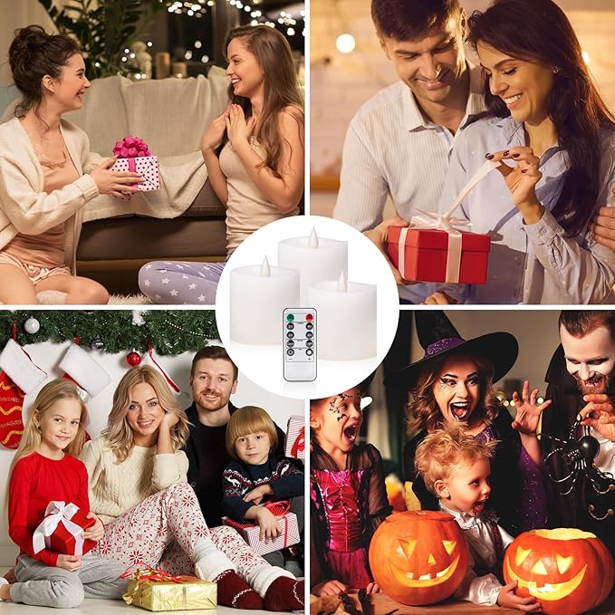Flameless Candles with Flickering Flame & Remote - 3×3'' Battery Operated LED Pillar Candles, Smokeless Fake Candles for Indoor Use - Realistic 3 Inch Drip-Free Candles with Timer (White, 3-Pack)