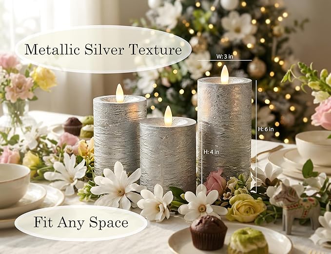 Shiny Metallic Silver Flameless Pillar Candles, Patented 3D Realistic Moving Flickering Flame with Remote Timer, Battery Operated 400hrs for Wedding, Holiday, Party, Decor, Gift(Set of 3)