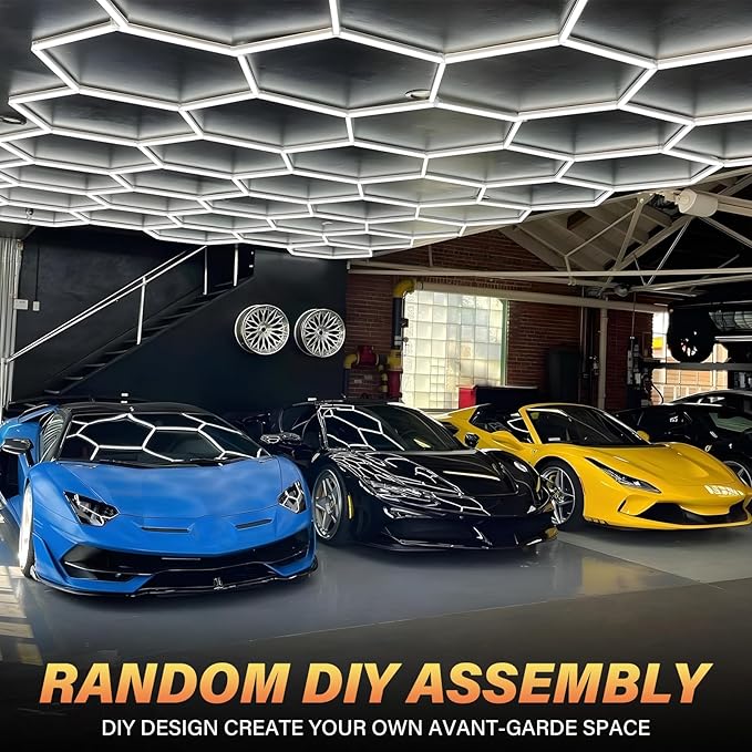 ALLYES Hexagon LED Garage Lights, 24000LM 5000K 200W Honeycomb LED Ceiling, Upgraded Wider Size Light Tube, Hex Shop Lights for Car Detailing Shop Office Gym Barber