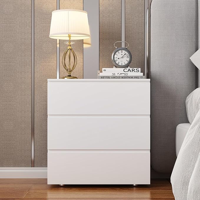 FAMAPY Modern Nightstand with 3 Drawers, Bedroom Storage Cabinet, Modern End Side Table, No Handle Design, for Living Room White 30.3”W x 15.7”D x 32.3”H