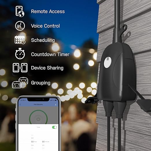 Feit Electric Smart Outdoor Plug, WiFi Waterproof Plug, 2 Grounded Sockets & TayMac MM410C Single Horizontal/Vertical Mount 1-Gang Weatherproof in-Use Electrical Outlet Cover, 2.75 in, Clear