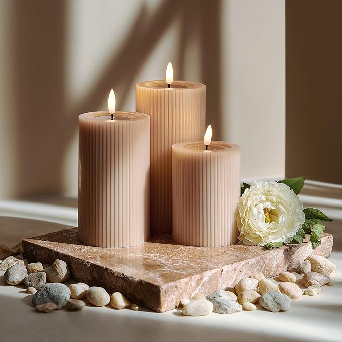 WYZworks Fluted Ribbed LED Pillar Candles, Blush Beige, with Realistic Reflective Melted-Wax Effect – Flickering Flame, Remote, Dimmable, Flameless, Battery Operated, Home & Wedding Decor (Set of 3)