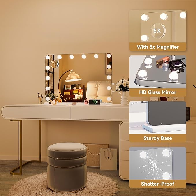 Hasipu 28"x20" Vanity Mirror with Lights, Makeup Mirror with Lights and Magnification, Hollywood Mirror with 3 Color Modes, LED Make up Mirror, Light up Mirror with USB & Type-C Charging