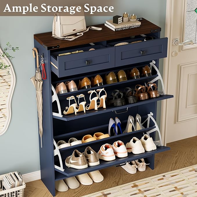 Shoe Cabinet with Odor Control Deodorizer and Back Panel, Farmhouse Narrow Shoe Storage Cabinet Rack for Entryway with 2 Flip Drawers and 2 Top Drawers, Adjustable Shelves, Side Hooks