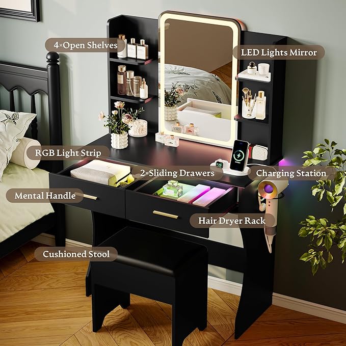 Makeup Vanity Desk with Mirror & Lights, Small Vanity Table Set for Girls with Chair & Power Outlet, Modern Dressing Table with 2 Drawers & 4 Storage Shelves, Adjustable RGB Lighting - Black