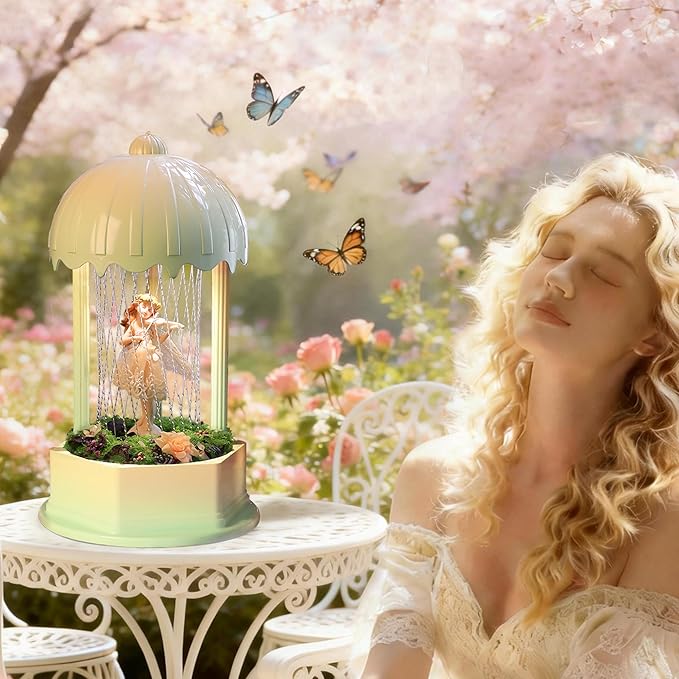 Forest Series Flower Fairy Oil Rain Lamp - Gradient Green Fairycore Decor, Resin Statue with Yarn-Knitting Craft, Sensory Mood Light & Aroma Diffuser (Complete Set)