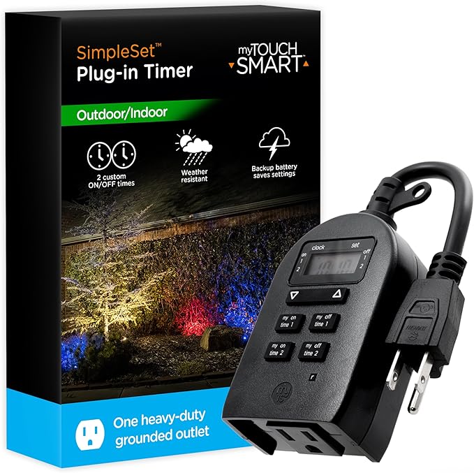 myTouchSmart, Single Plug-in Digital, Simple Programmable, Weather Resistant, Indoor/Outdoor Small Pump Timer, Seasonal Light Timer, Black, 1 Pack, 36027