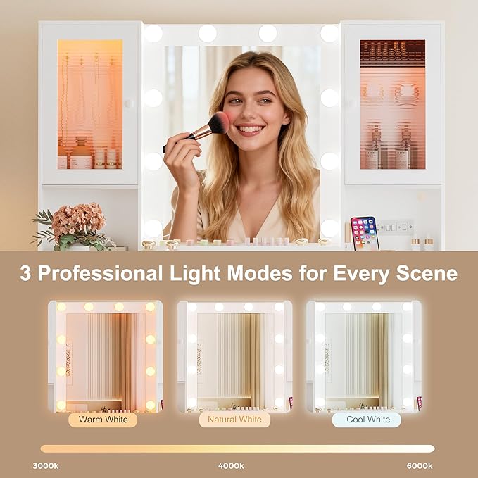 Vanity Desk with Mirror and Lights, 42.52" 9 Drawer Makeup Table with 2 RGB Lighting Cabinets and Power Outlet for Girls and Ladies Bedroom, White