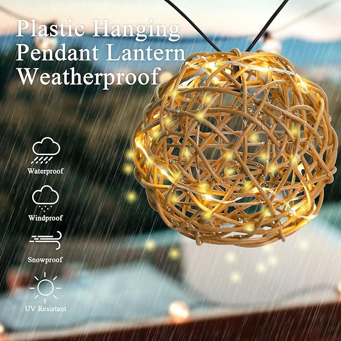 Solar Pendant Lights Outdoor Chandelier 7.5" Outdoor Rattan Solar Fairy String Hanging Lights Ball with Remote 4 Modes Lighting Waterproof Rattan Lantern Lighted Orb for Garden Porch Patio