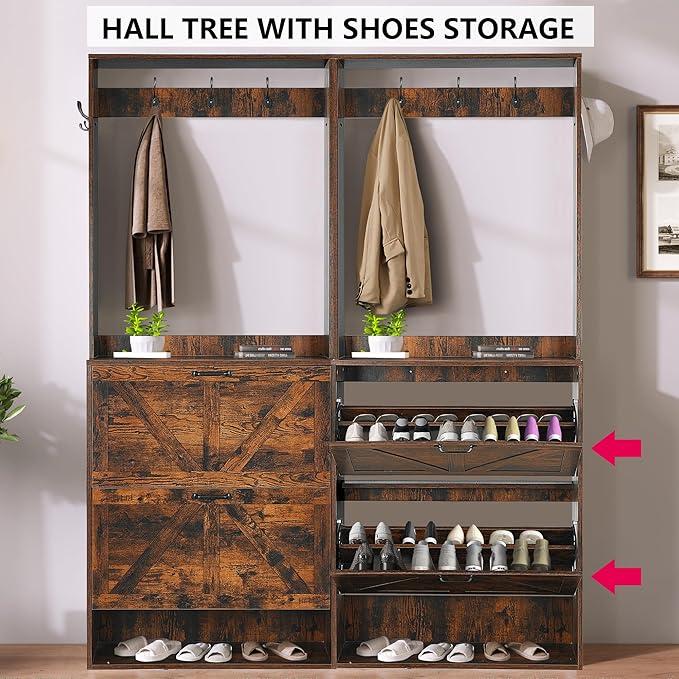 Betoko Hall Tree with Shoes Storage,Farmhouse Corner Coat Rack with 5 Coat Hooks, Wooden Entryway Tree Cabinet with 2 Shoes Cabinets for Hallway Mudroom, Brown