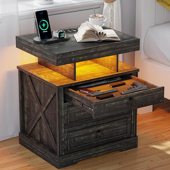 HNEBC Set of 2 Smart Farmhouse Nightstands with Gun Safe Drawers, 3-Color Auto LED Lights, Built-in Charging Station & Hidden Compartment, Bedroom Bedside Tables Rustic Brown