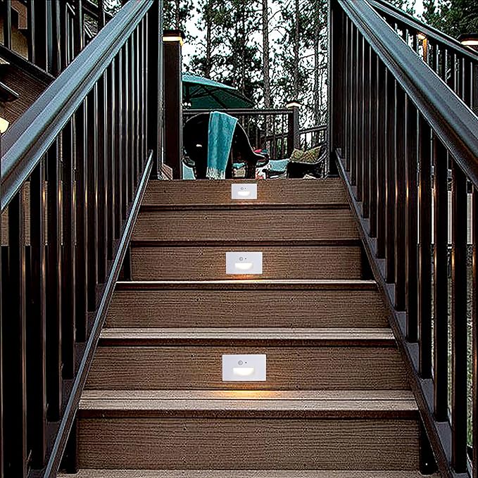 Edvivi Hardwired LED Step Light for Outside, Indoor/Outdoor 3000K White Stair Lighting Fixture with Motion and Photocell Sensor, Wet Location Step Lights for Stairway Pathway Driveway Patio, 2-Pack