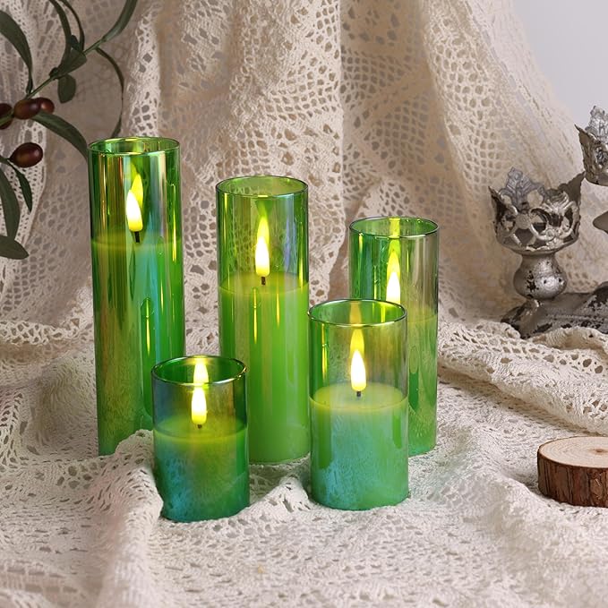 Eywamage Green Glass Flameless Candles with Remote Batteries, LED Pillar Candles Flickering Spring Home Decor Set of 5