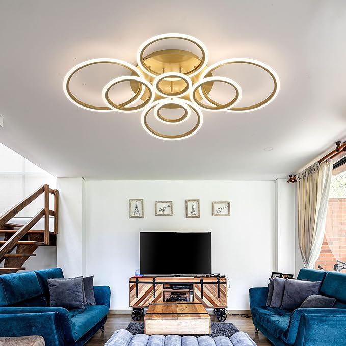 Modern LED Ceiling Light 41inch with Remote Dimmable 8 Ring Flush Mount Ceiling Light Fixture for Living Room Bedroom Kitchen Dining Room (Gold)
