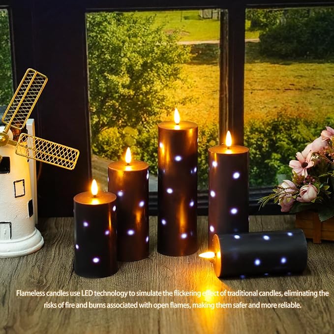 Flickering Flameless Candles with Remote Control and Timer Set of 5 Pc Real Wax LED Pillar Candles, Battery Operated Candles（D2.2×H5/5.5"/6"/7"/8"） Halloween Decorations Home Decor （Black）