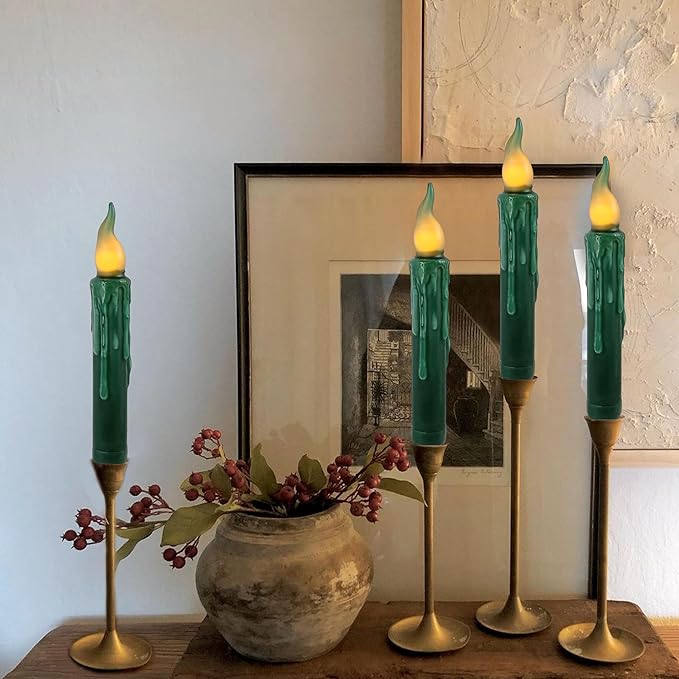 Dark Green Flameless Short Taper Candles, Real Wax Hand Dipped LED Battery Operated with Remote, Flickering Flame Lights for Festival Party Home Décor, 6.7 Inch Primitive Flameless Candles, 4PCS