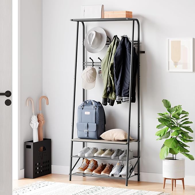 4-in-1 Hall Tree with Shoe Bench & Double Row Hooks (10) – 3-Tier Storage Shelf, Metal Frame, Wood Accent – Entryway Coat Rack for Hallway, Bedroom – Gray, 60cm Wide