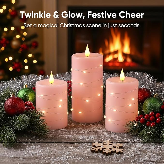 Amagic 3"×4" 5" 6" Easter Decorations Flameless Candles with String Lights, Pink 11-Key Remote & Timer Battery Operated Flickering Led Pillar Candles Real Wax for Home, Lantern Decor, Set of 3