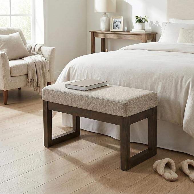 SIMPLIHOME Milltown Small Ottoman Bench - 27 inch Wide Upholstered Tweed Look Fabric Rectangle Footstool Ottoman in Platinum, Contemporary Bench for Bedroom or Entryway with Cushioned Seat, Assembled
