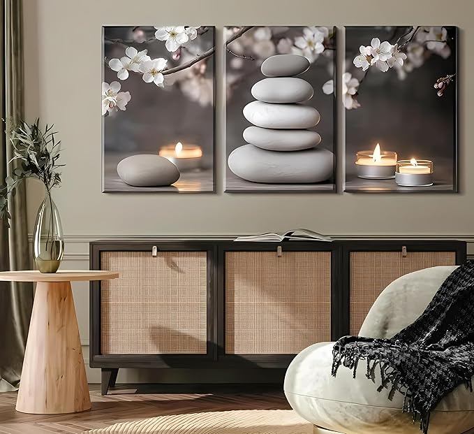 ZHJIOFXG 3 Piece Zen Canvas Wall Art Stacked Stones Cherry Blossom Candle Spa Wall Decor Minimalist Neutral Calming Art for Bathroom Bedroom Yoga Room Office Living Room 12x16in Wrapped Canvas