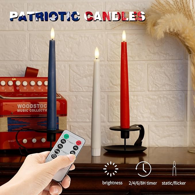 Patriotic Flameless Taper Candles With 3D Wick - 9.6" Real Wax Red White and Blue With Remote and Timer - 4th of July LED Battery Operated Fake Candles, 3 Pack