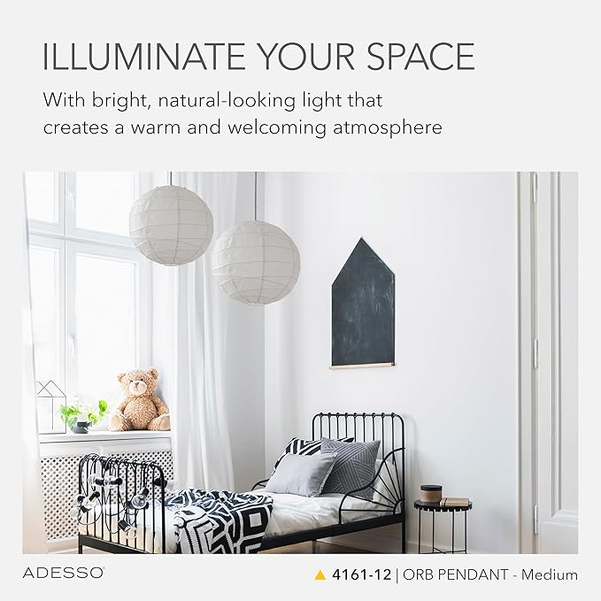 Adesso Orb Medium Pendant with Collapsible Rice Paper Shade – 15ft Cord, 19” Diameter – Stylish Ceiling Lighting