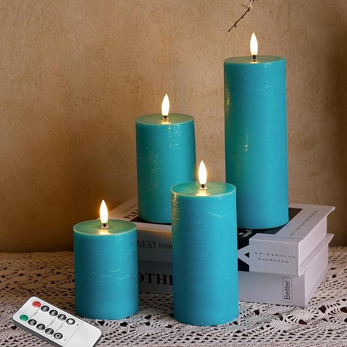 Teal Flameless Pillar Candles, Battery Operated Candles with Remote, Real Wax Flickering LED Candles for Home Party Wedding Holiday Decor, Set of 4, Φ 3" H 4" 5" 6" 8"