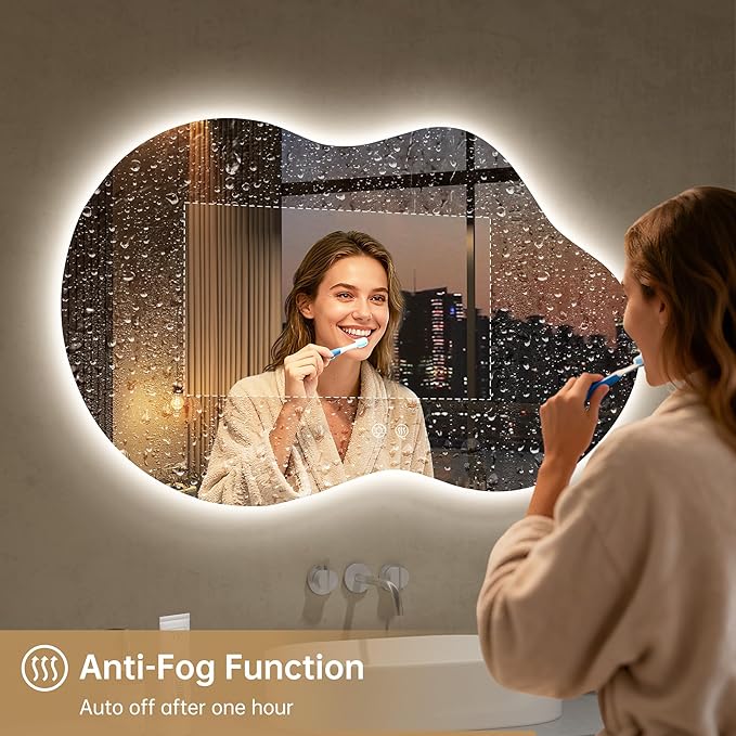 LOVESPEJO Irregular Backlit Mirror Bathroom 40x24 Inch, Asymmetrical Cloud LED Bathroom Mirror with Lights, Fogless, Dimmable, 3 Color Changing, Shatterproof