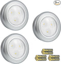 Wireless LED Puck Lights, Touch Activated Tap Ligh Push Light, Battery Operated Stick On Lights for Under Cabinet, Kitchen, Closet & Counters, 3-Pack, Silver (Included 3AAA Batteries)
