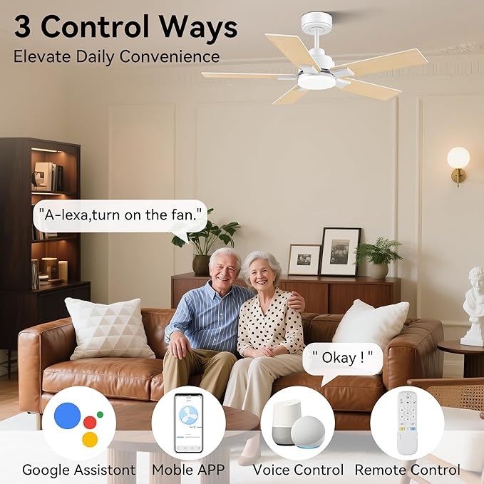 42 Inch Ceiling Fans with Lights,Smart Ceiling Fan with Light and Remote Control,Alexa,APP,White Indoor Outdoor Ceiling Fans for Bedroom,Living Room,Patio,5 Blades,Dimmable LED,6 Speed,Quiet DC Motor