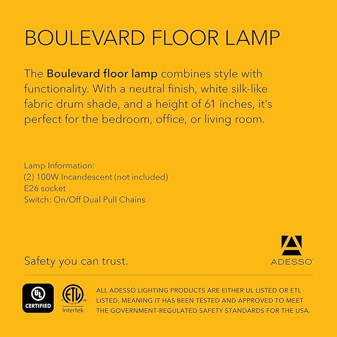 Adesso Floor Lamp with Dual Pull Chains, Brushed Stee; Finish, White Fabric Lampshade – Bedroom, Home Office Lighting, or Living Room Decor, 61” x 18.5”