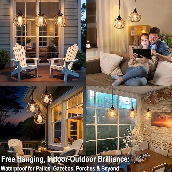 Hanging Pendant Lights, Battery Operated Outdoor Chandelier with Warm White LED Bulb for Patio Tree Pergola Gazebo Porch (Beaded Ball-ST58-3PK)
